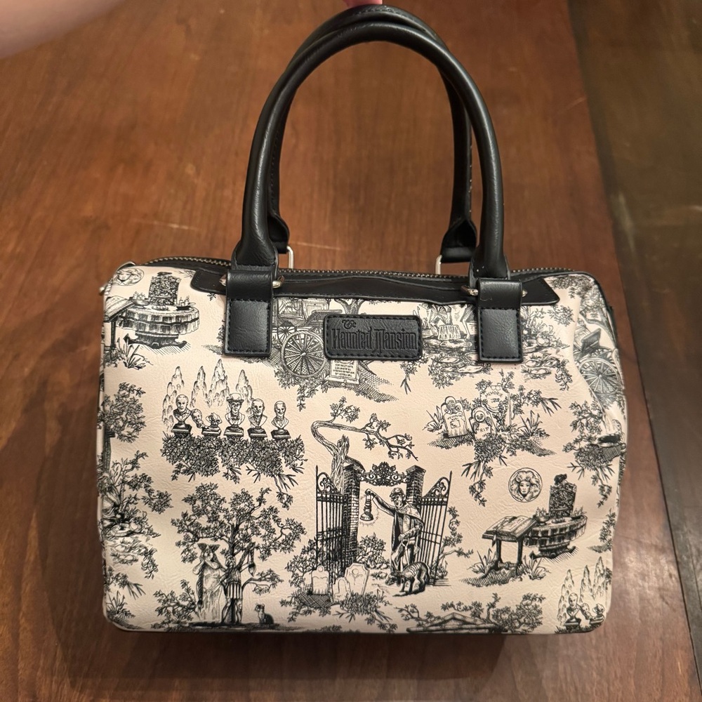 Disney Parks Authentic Haunted Mansion Toile Satchel black faux leather trim
